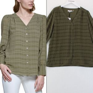 Calvin Klein Plaid Puff Shoulder Blouse - Caper